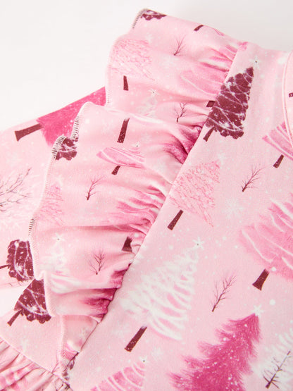 Christmas Tree Print Girls Pink Ruffle Long Sleeve Dress
