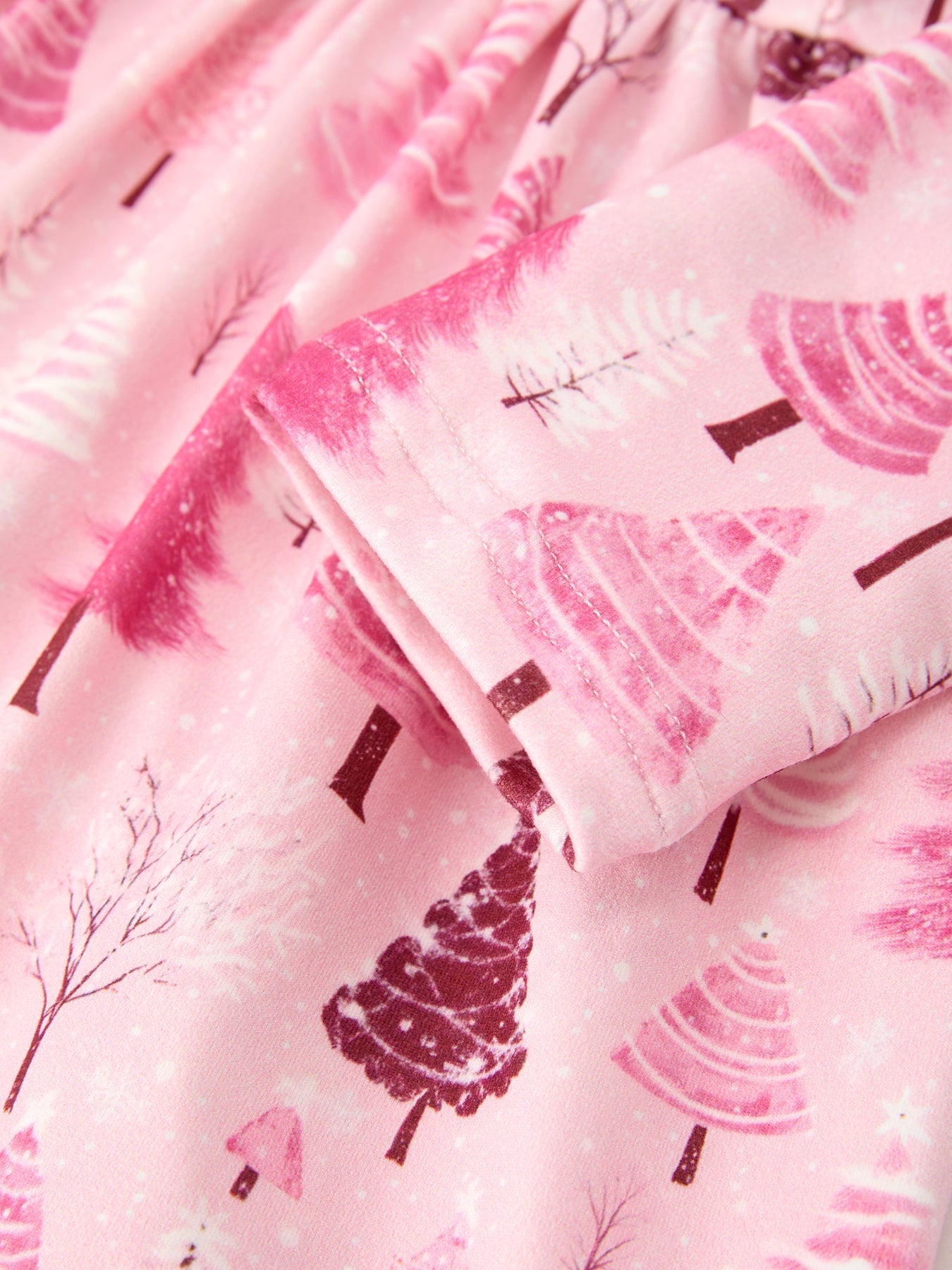 Christmas Tree Print Girls Pink Ruffle Long Sleeve Dress