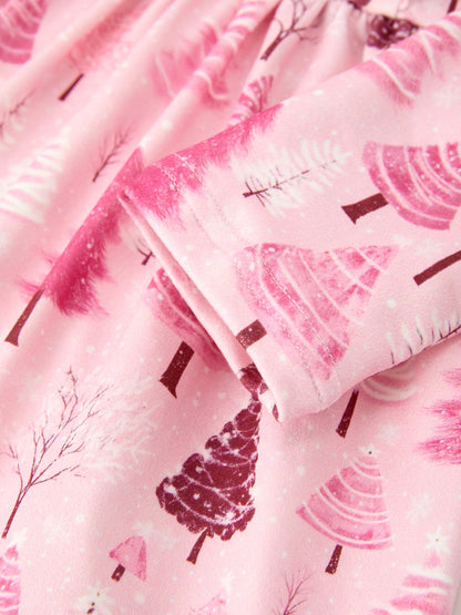 Christmas Tree Print Girls Pink Ruffle Long Sleeve Dress