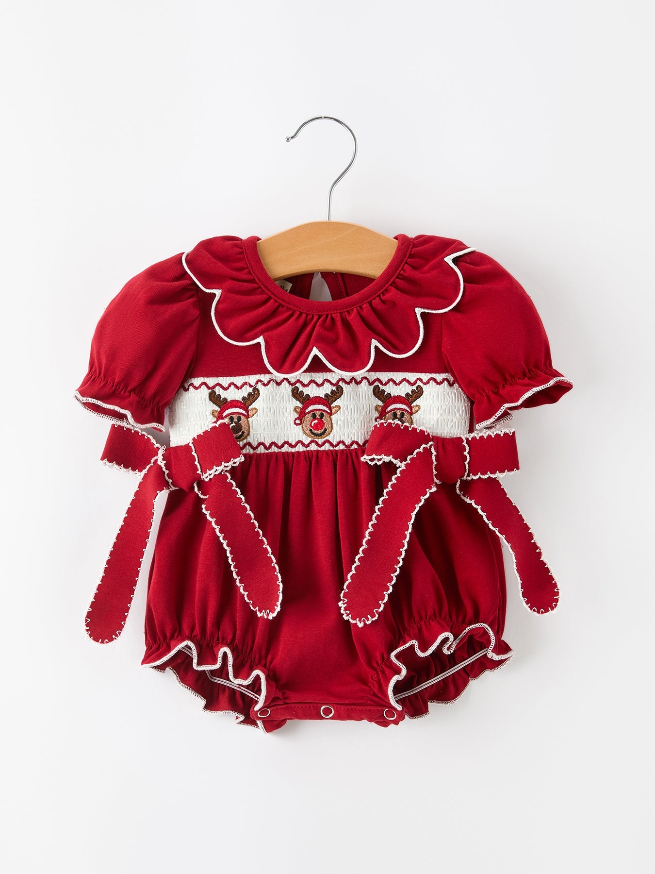 Baby Girls Christmas Reindeer Smocked Bubble Romper