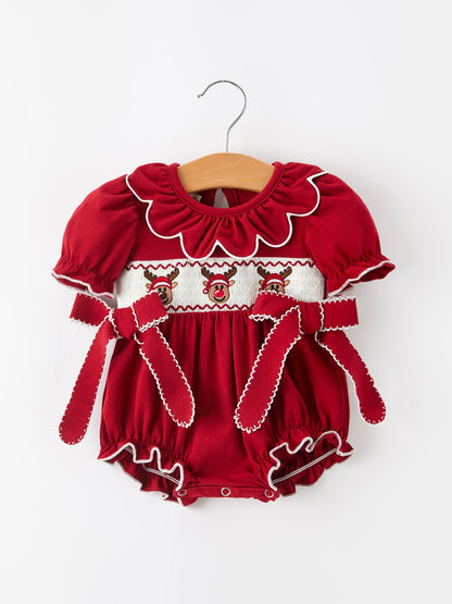 Baby Girls Christmas Reindeer Smocked Bubble Romper