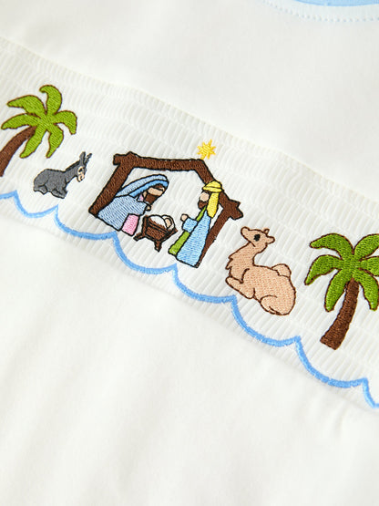 Christmas Nativity Embroidered Boys Long Sleeve Top And Pants Set