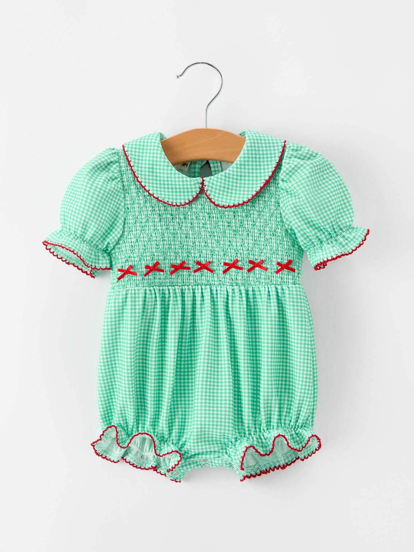 Christmas Girls Green Plaid Smocked Bow Bubble Romper