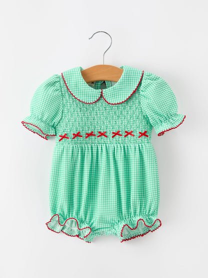 Christmas Girls Green Plaid Smocked Bow Bubble Romper