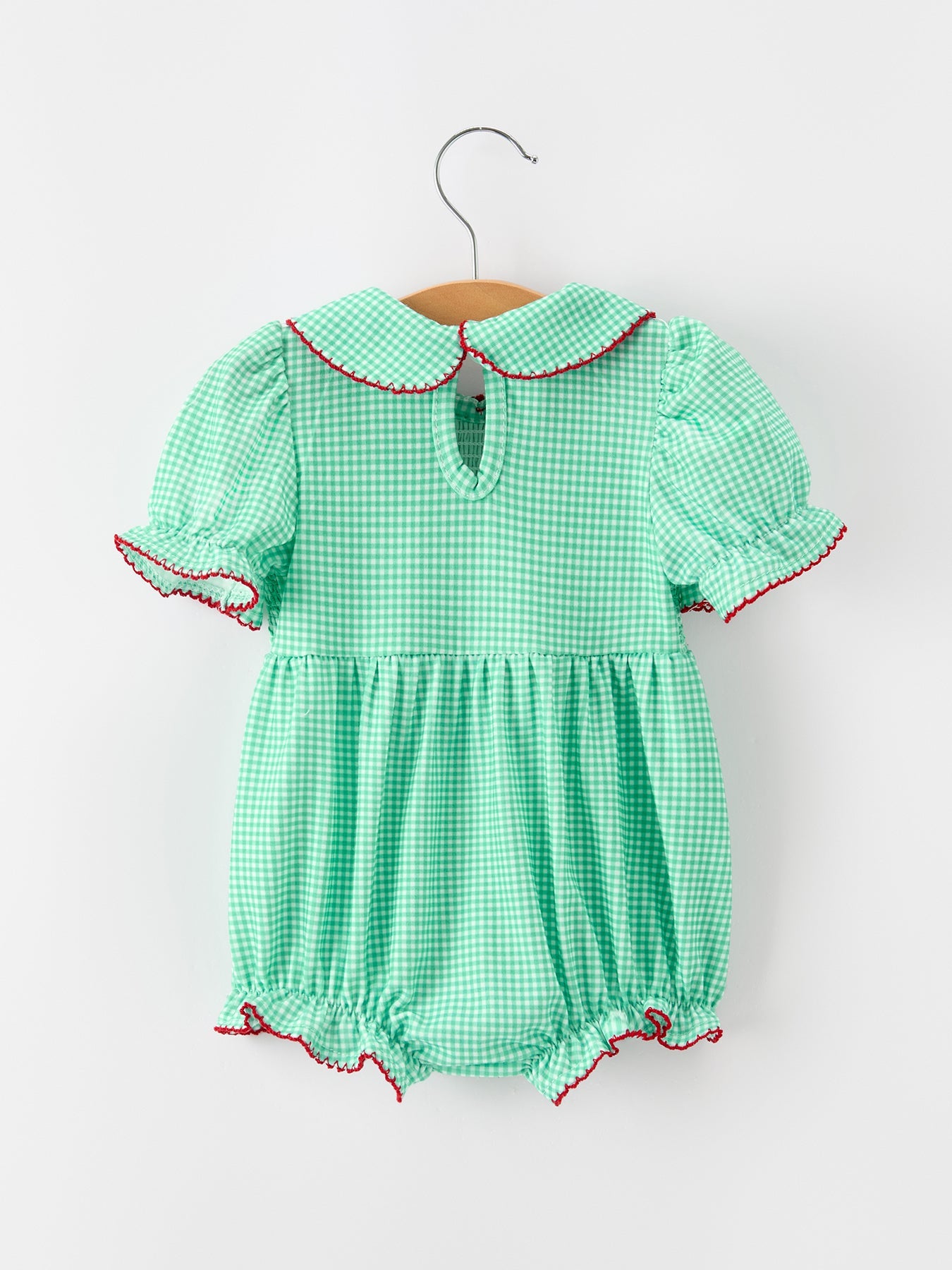 Christmas Girls Green Plaid Smocked Bow Bubble Romper