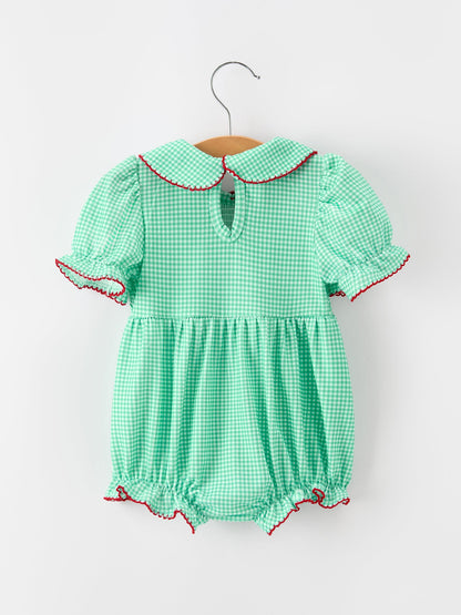 Christmas Girls Green Plaid Smocked Bow Bubble Romper
