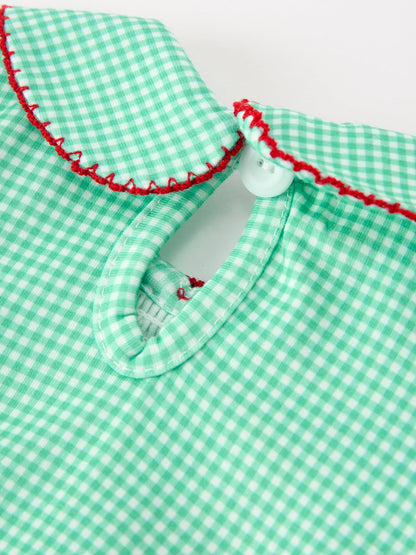 Christmas Girls Green Plaid Smocked Bow Bubble Romper