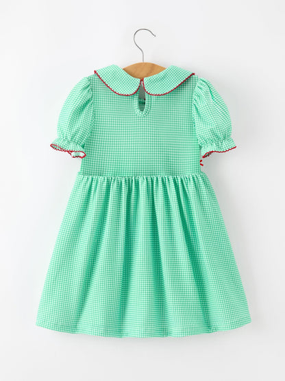 Christmas Girls Green Plaid Smocked Bow Peter Pan Collar Dress