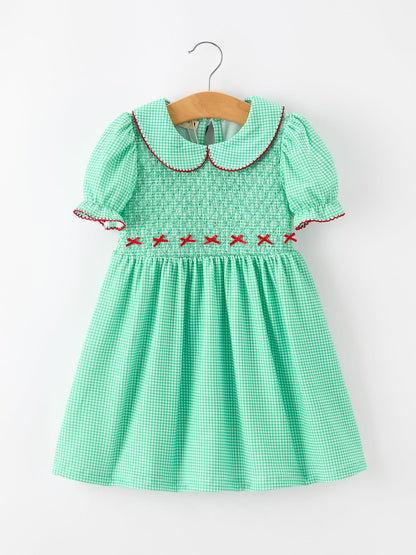 Christmas Girls Green Plaid Smocked Bow Peter Pan Collar Dress