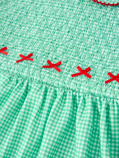 Christmas Girls Green Plaid Smocked Bow Peter Pan Collar Dress