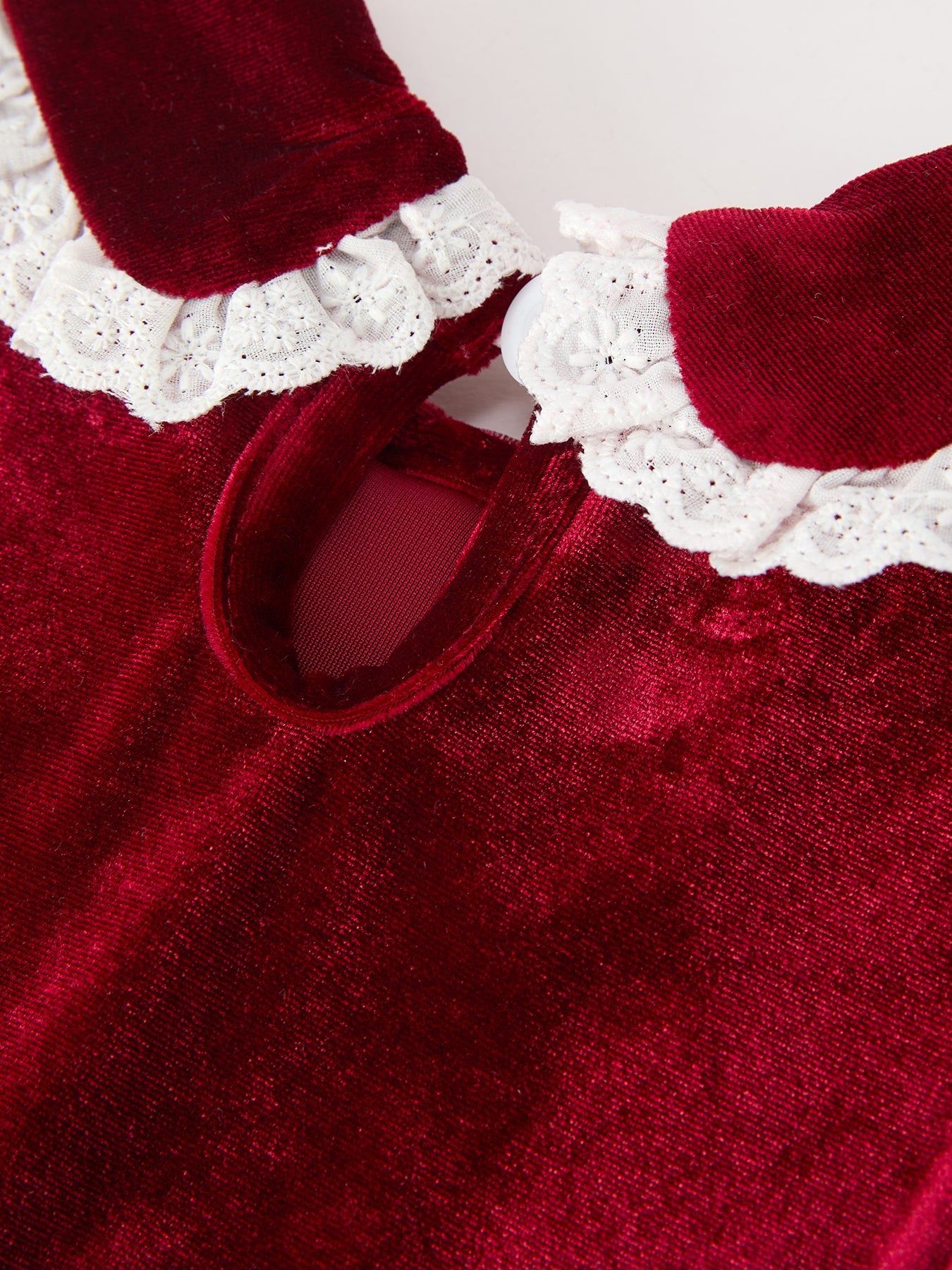 Christmas Burgundy Velvet Girls Smocked Pearl Lace Collar Dress