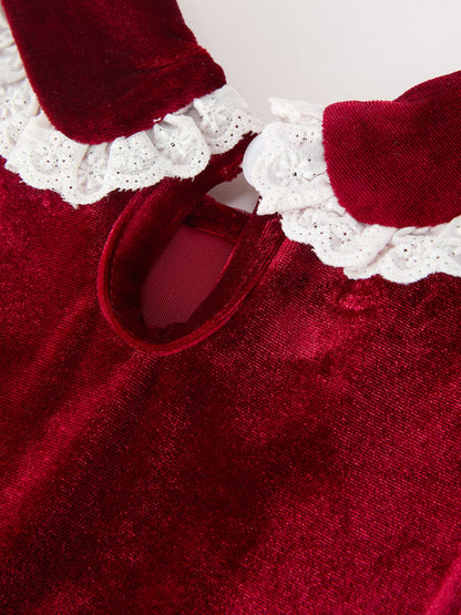Christmas Burgundy Velvet Girls Smocked Pearl Lace Collar Dress
