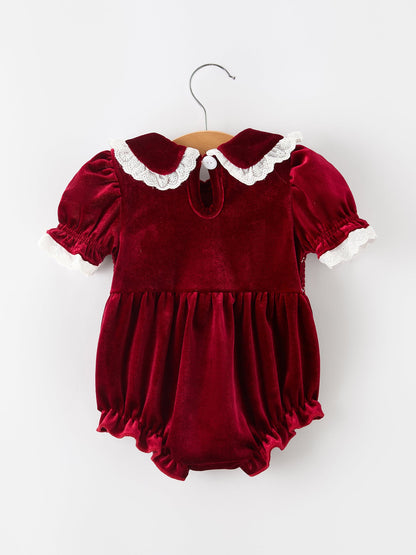 Christmas Burgundy Velvet Baby Girl Smocked Pearl Romper