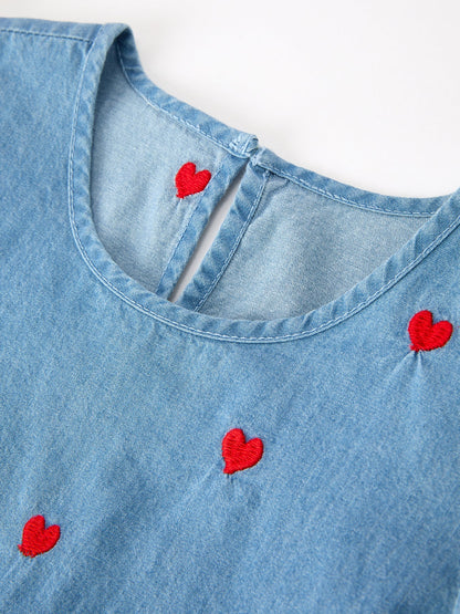 Valentine Girls Heart Embroidered Denim Dress