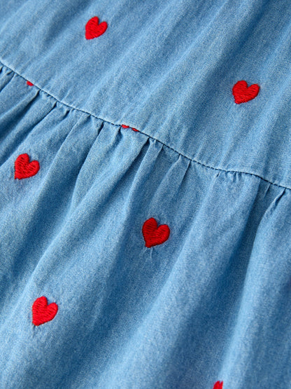 Valentine Girls Heart Embroidered Denim Dress