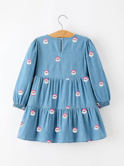 Christmas Santa Embroidered Girls Denim Dress