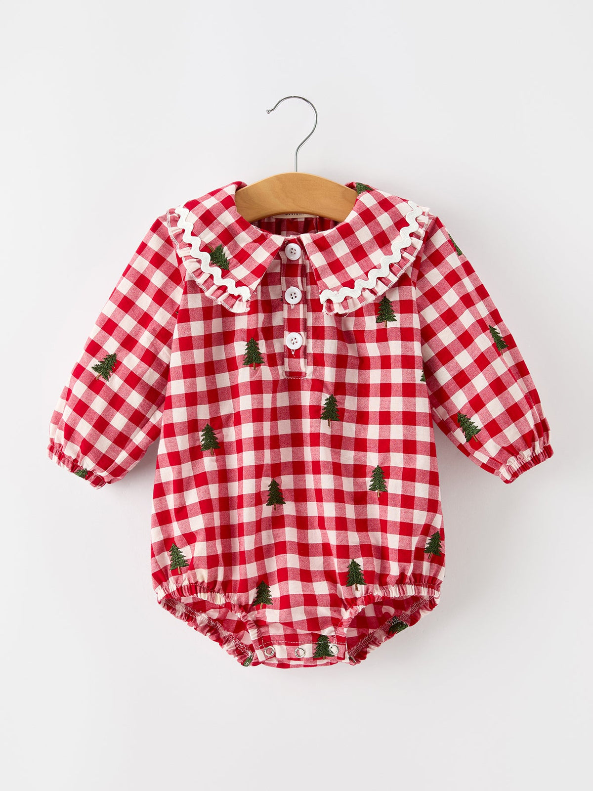 Christmas Tree Embroidered Red Plaid Baby Girls Ruffle Collar Romper