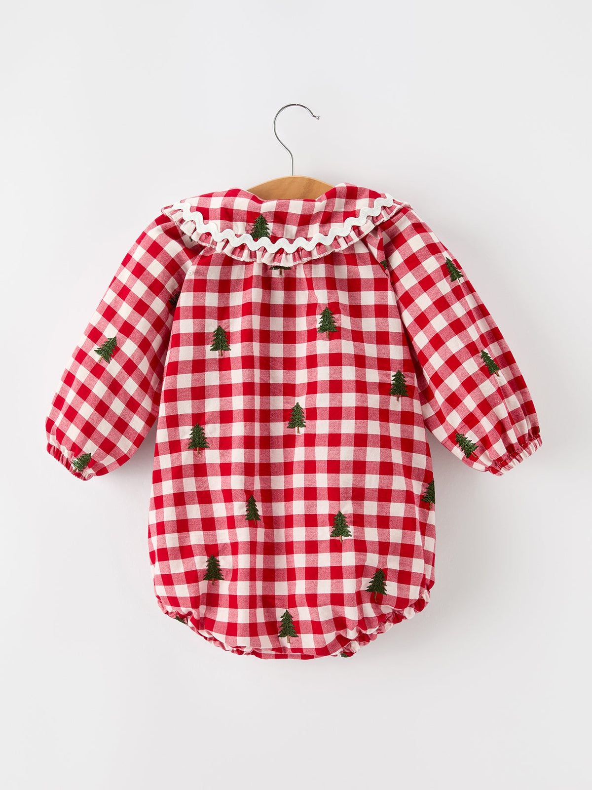 Christmas Tree Embroidered Red Plaid Baby Girls Ruffle Collar Romper