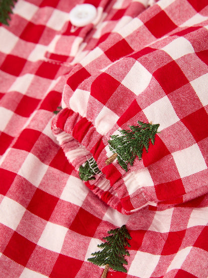 Christmas Tree Embroidered Red Plaid Baby Girls Ruffle Collar Romper