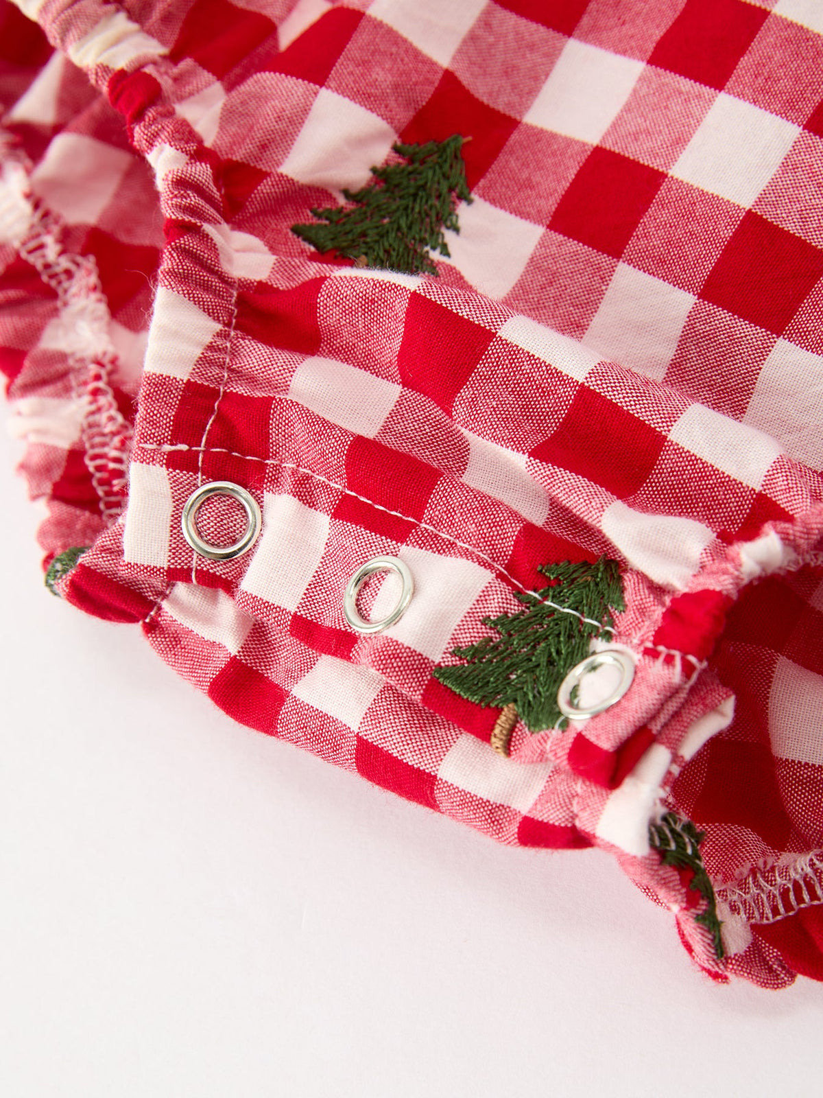 Christmas Tree Embroidered Red Plaid Baby Girls Ruffle Collar Romper