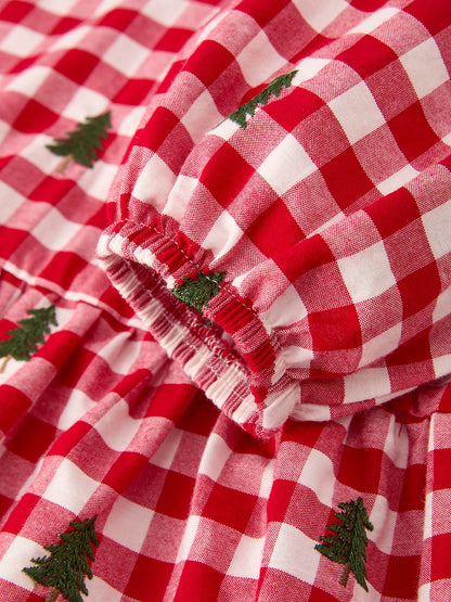 Christmas Tree Embroidered Plaid Girls Ruffle Collar Dress