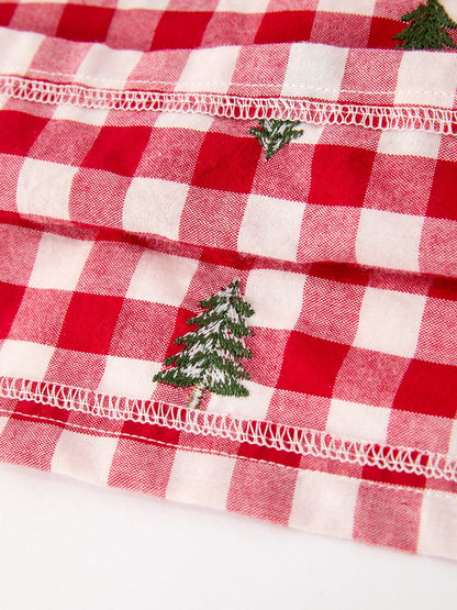 Christmas Tree Embroidered Plaid Girls Ruffle Collar Dress