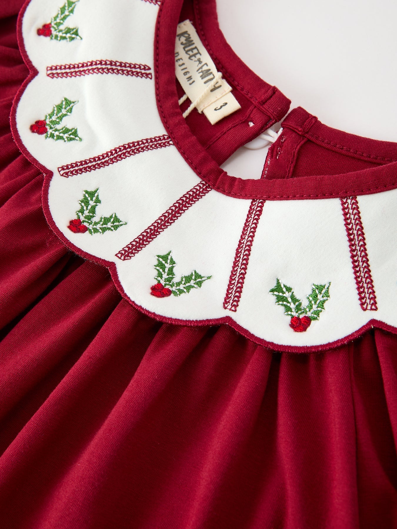 Christmas Holly Embroidered Girls Dress Petals Collar Puff Sleeve