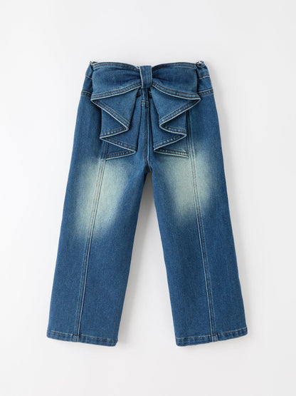 Girls Distressed Denim Jeans with Oversized Back Bow