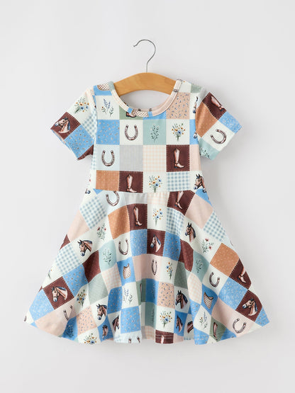 Western Horse Patchwork Print Girls Short Sleeve Twirl Dress