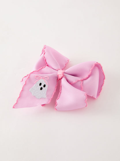 Halloween Girls Pink Ghost Embroidered 6.25" Hair Bow