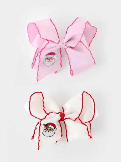 Girls' Christmas Santa Embroidered 6.25" Hair Bow – White/Pink
