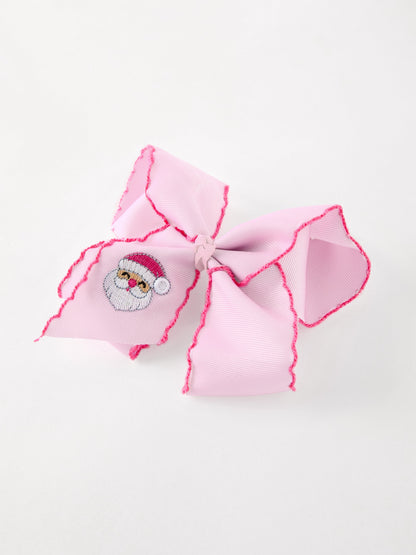 Girls' Christmas Santa Embroidered 6.25" Hair Bow – White/Pink