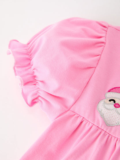 Christmas Santa Embroidery Girls Dress Ruffle Sleeve
