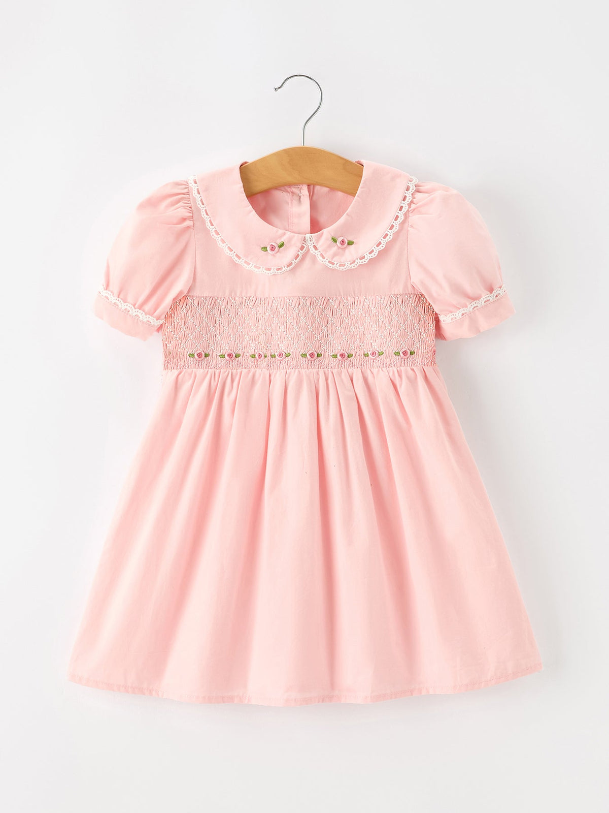 Fall Girls Pink Floral Embroidered Smocked Peter Pan Collar Dress