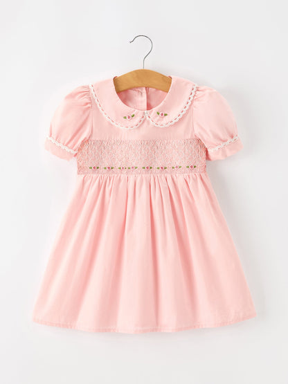 Fall Girls Pink Floral Embroidered Smocked Peter Pan Collar Dress