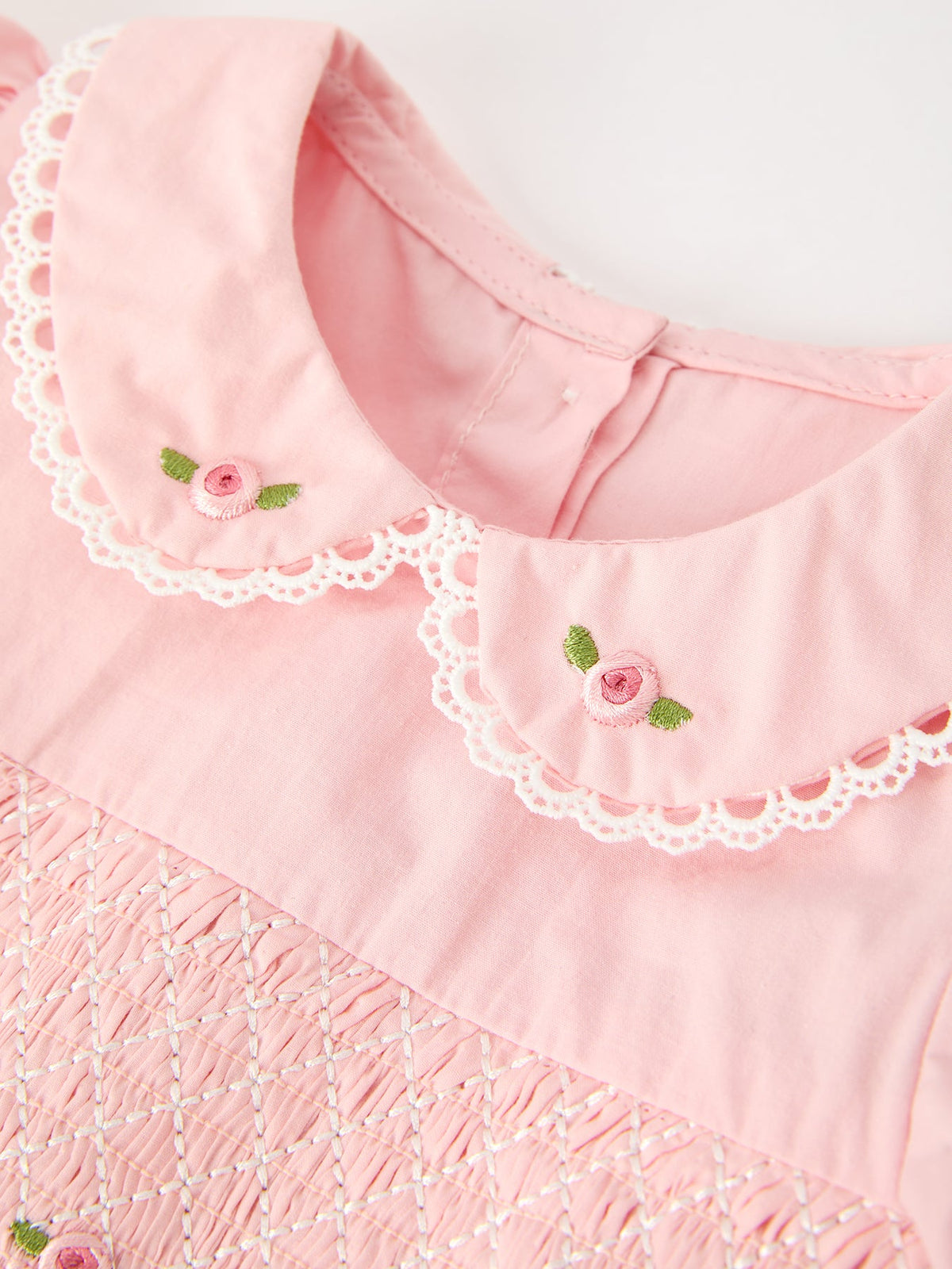 Fall Girls Pink Floral Embroidered Smocked Peter Pan Collar Dress