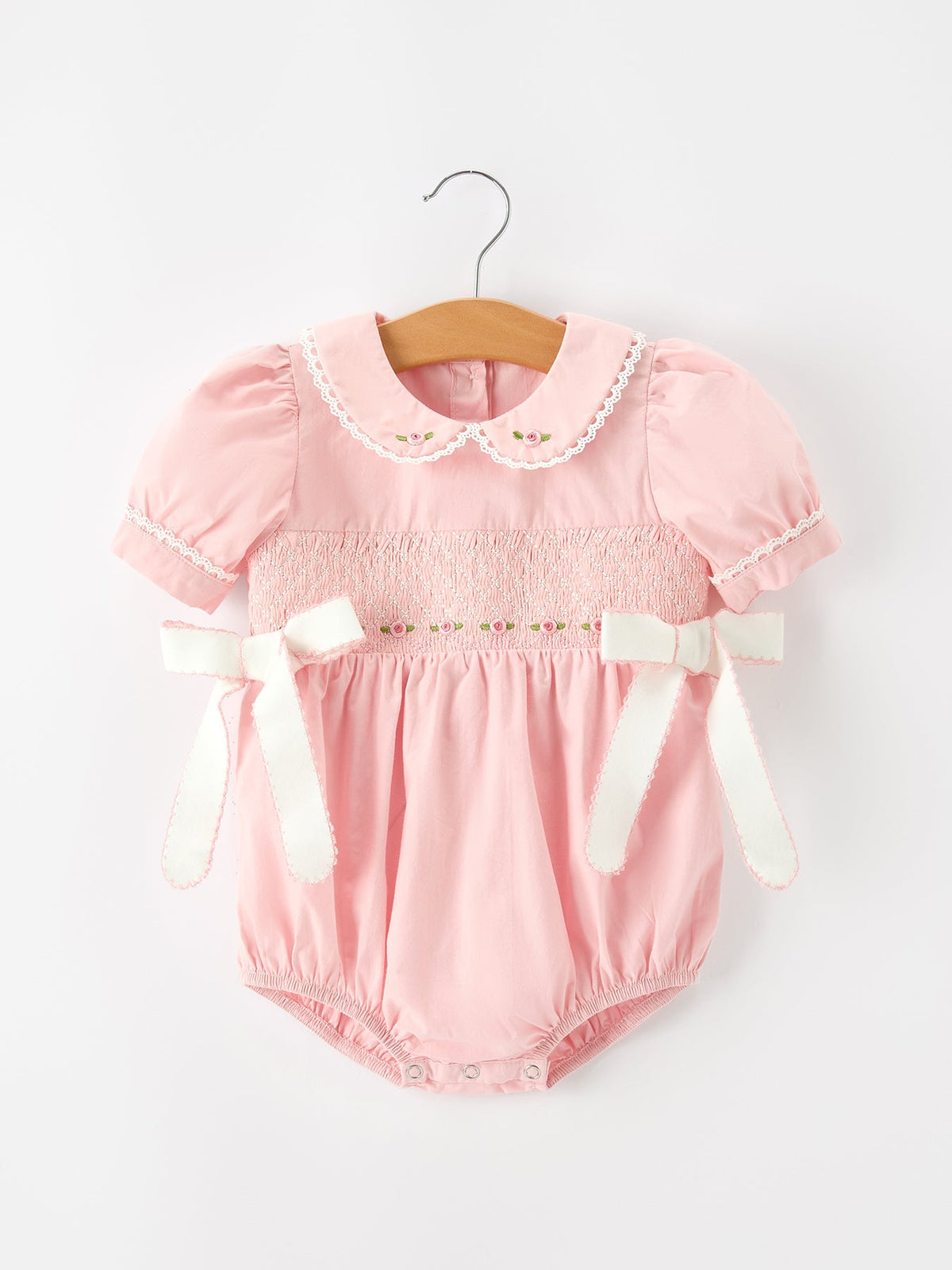 Fall Baby Girls Pink Floral Embroidered Smocked Bow Bubble Romper