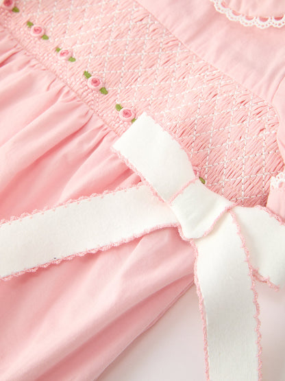 Fall Baby Girls Pink Floral Embroidered Smocked Bow Bubble Romper