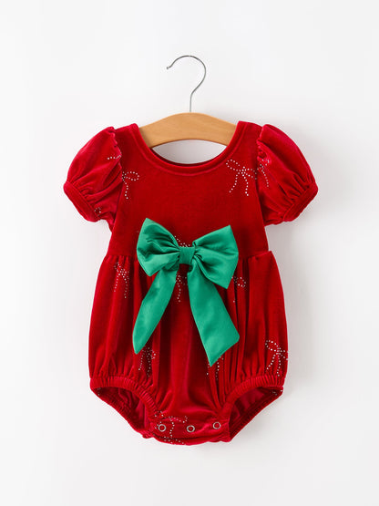 Baby Girls Christmas Red Velvet Rhinestone Bow Bubble Romper