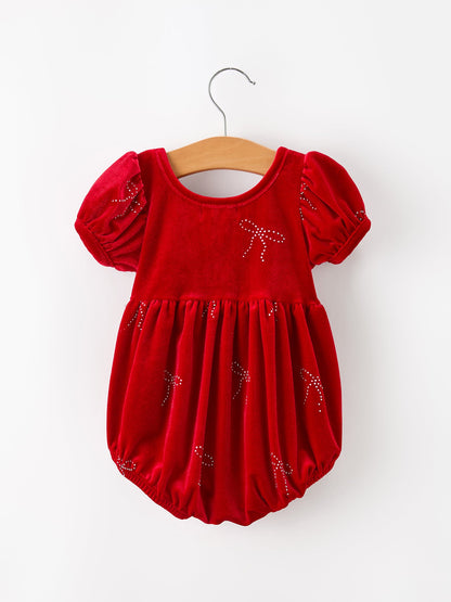 Baby Girls Christmas Red Velvet Rhinestone Bow Bubble Romper