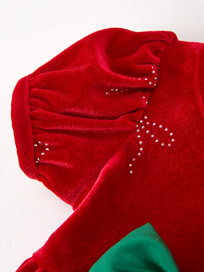Baby Girls Christmas Red Velvet Rhinestone Bow Bubble Romper