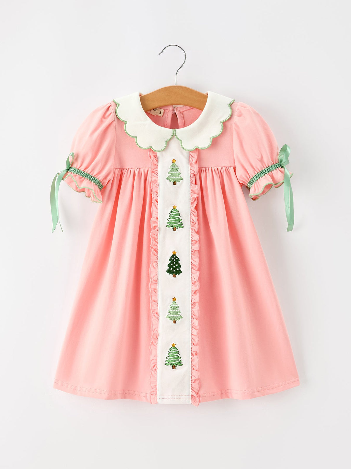 Christmas Girls Pink Christmas Tree Embroidered Ruffle Dress