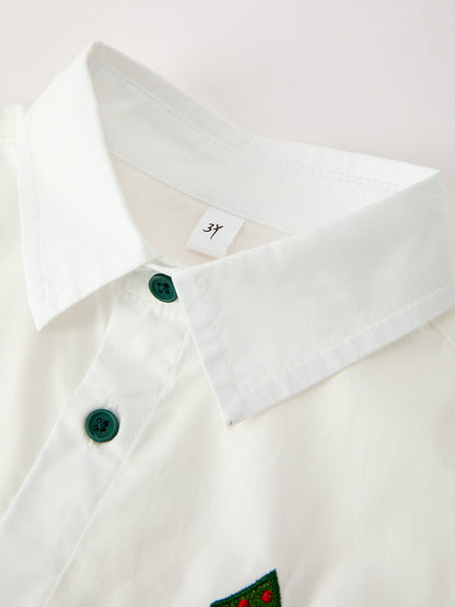 Boys Christmas Tree Embroidered White Short Sleeve Button Down Shirt