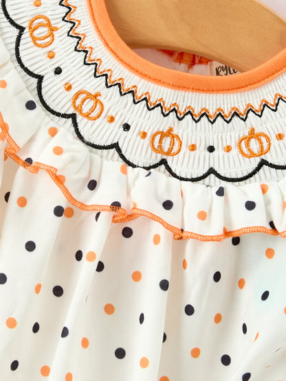 Halloween Pumpkin Smocked Girls Dress Polka Dot Ruffle Sleeve