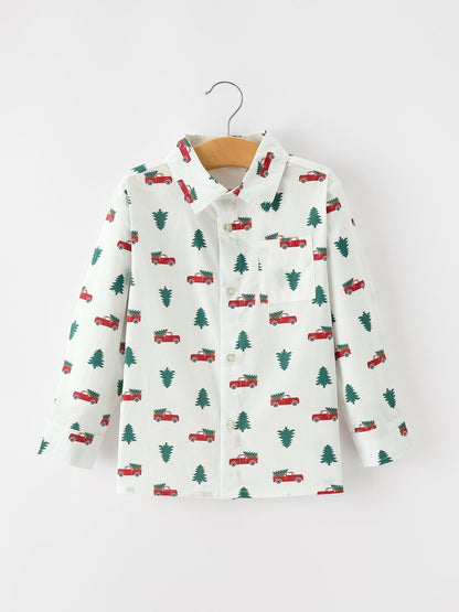 Christmas Boys Christmas Tree Truck Print Shirt & Red Suspender Pants Set