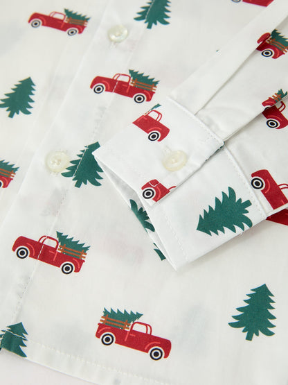 Christmas Boys Christmas Tree Truck Print Shirt & Red Suspender Pants Set