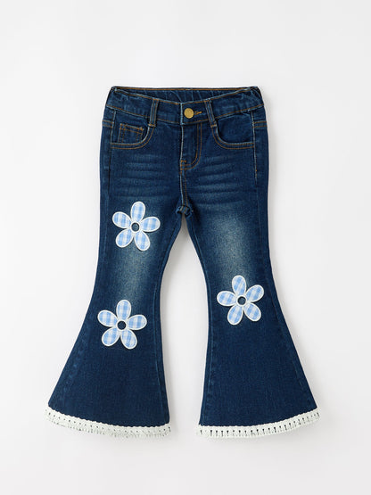 FALL Girls Floral Appliqué Denim Bell Bottom Jeans