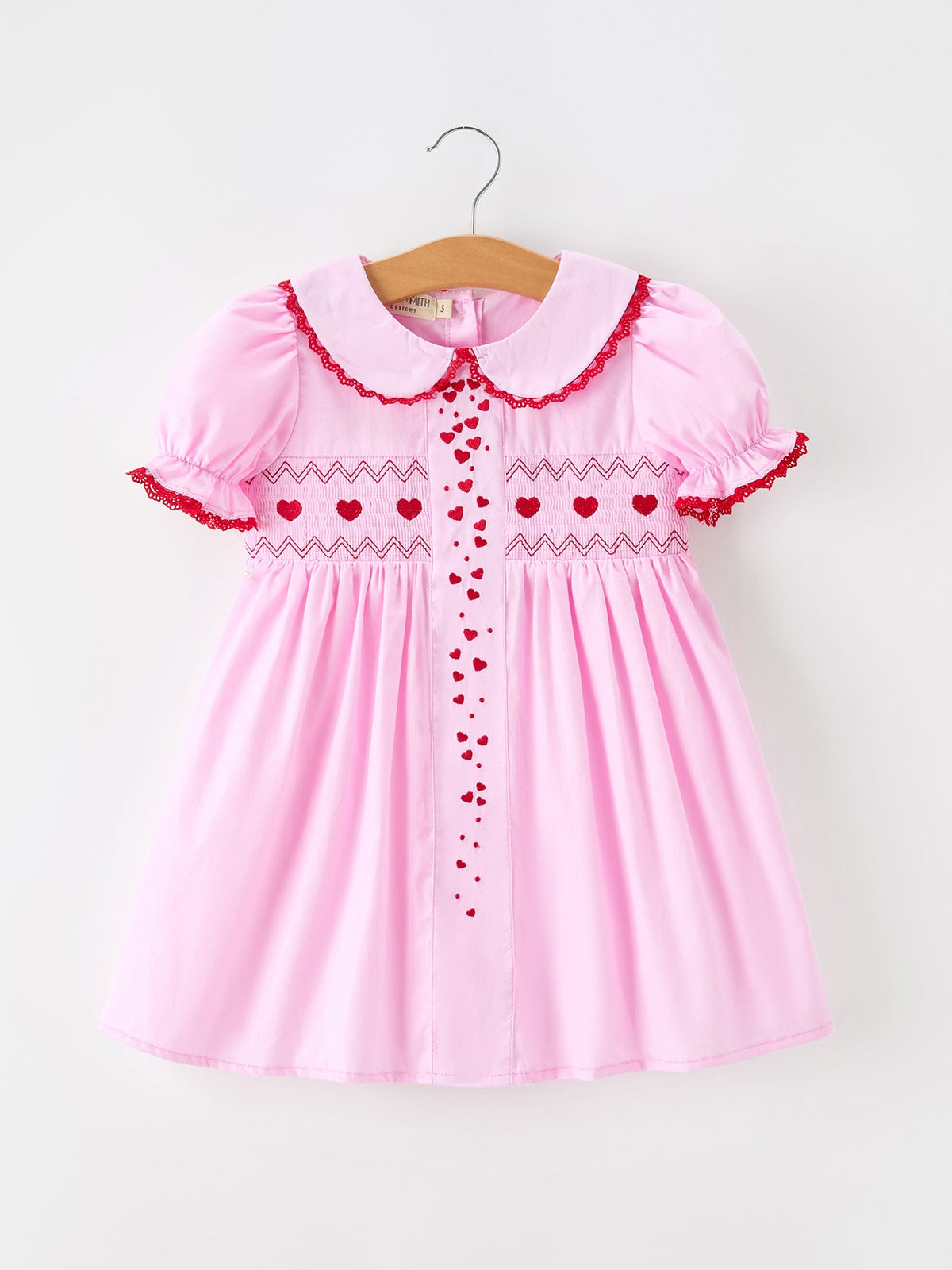 Girls Valentine's Day Pink Heart Embroidered Smocked Dress