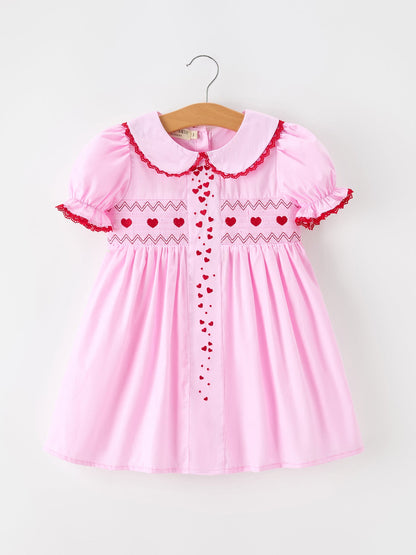 Girls Valentine's Day Pink Heart Embroidered Smocked Dress