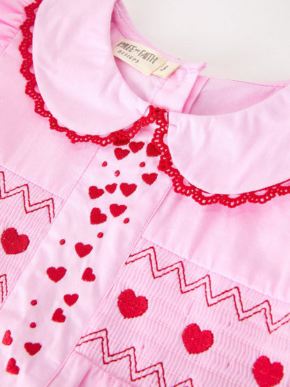 Girls Valentine's Day Pink Heart Embroidered Smocked Dress